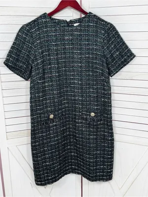 Loft Tweed Front Pocket Shift Dress Black Teal Size 4 Preppy Office Retro Boucle thumbnail 9