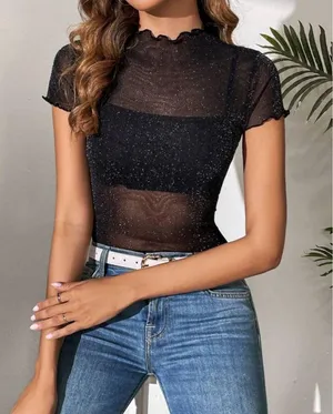 SheIn Sparkly Sheer Black Lettuce Hem Crop Top thumbnail 1