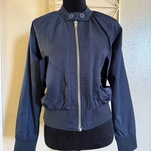 Free People Midnight Bomber Jacket Full Zip Sateen Navy Blue size Small thumbnail 2