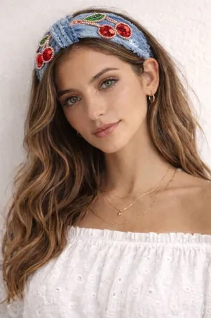 Embellished Denim Headband with Cherry Design NEW Blue thumbnail 1