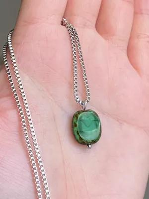 Handmade stainless steel chain & green Picasso Czech glass bead chic vintage retro style simple necklace💚 thumbnail 4