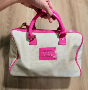 Victorias Secret Beige Canvas Satchel Bag Hot Pink Patent Trim Gold Hardware thumbnail 1