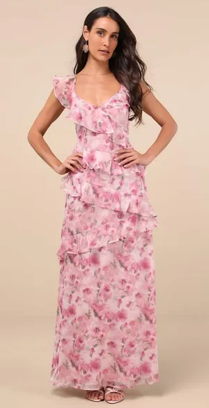 NWT Lulus Evangeline Pink Floral Ruffle Maxi Dress Cruise Resort Gala Banquet XL thumbnail 1