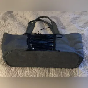 Victoria's Secret Dark Grey Denim Lace Corset Pink satin handbag purse tote bag thumbnail 6