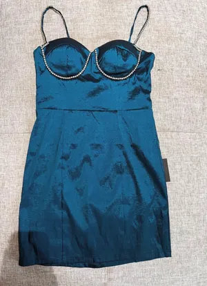 Lulus Teal Satin Mini Dress w/ Pearl Trim thumbnail 1