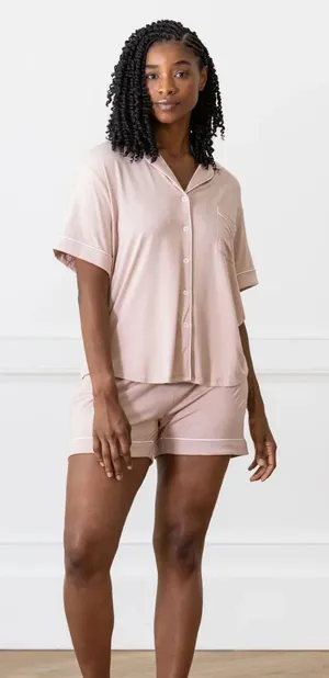 Cozy Earth Women's Blush Short-Sleeve Pajama Shorts‎ with Contrast Trim Tannish thumbnail 1