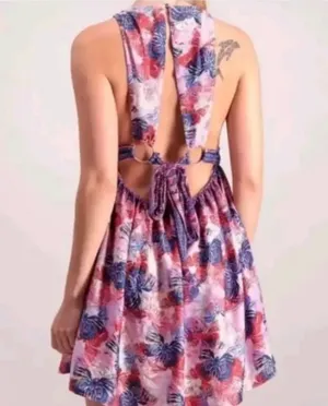 Free People Size MED Purple Tropical Daydream Mini Dress Feather Peacock Print thumbnail 2