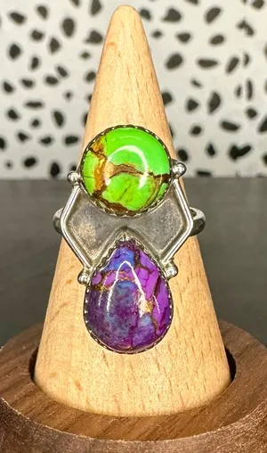Sterling Silver Mojave Turquoise Purple and Green Two Stone Size 7 thumbnail 1