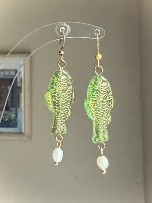 Handmade quality Czech glass beads fish & freshwater pearl boho fairy dangle earrings🐟🌿 thumbnail 5