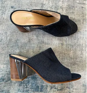 Nine West Blue Denim Gemily Block Heel Peep Toe Mules Size 7.5 thumbnail 1