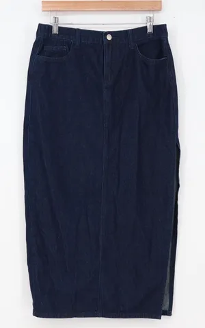 Lulus Denim Skirt Womens L Dark Wash Blue Side Slit Elastic Back Excellent thumbnail 1