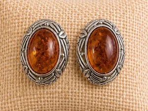 Estate Amber Sterling Silver Earrings Baltic Cognac Color Signed thumbnail 1