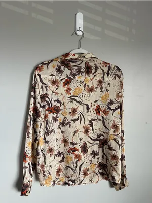 ZARA | Tan Floral Textured Button-Front Blouse Sz XL thumbnail 6