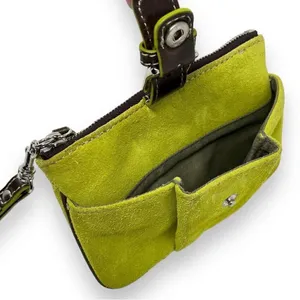 Levenger Wristlet Wallet Lime Green Suede with Brown Leather Trim and Buckle thumbnail 3