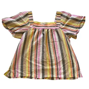 LOFT Women Lg Pink Orange Yellow Striped Square Neck Flutter Sleeve Cotton Top thumbnail 3