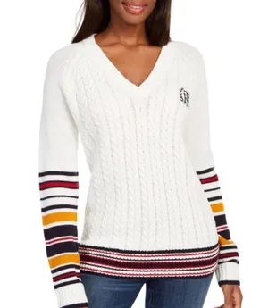 Tommy Hilfiger Sweater Ivory V-Neck Varsity Cable Knit Pullover Size L MSRP $79 thumbnail 7