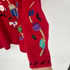 Vintage Red Christmas Sweater Embroidered Santa Toys Gifts Holiday Pullover thumbnail 9