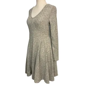 Halara Womens Long Sleeve Ribbed V-Neck Fit & Flare Mini Dress Oatmeal Grey‎ S thumbnail 5