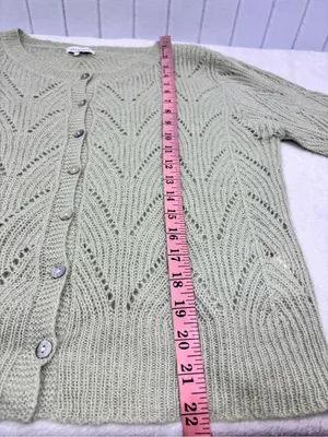 Crescent Wool Mohair Blend Saga Green Open Knit Cardigan Sweater Button Front thumbnail 10