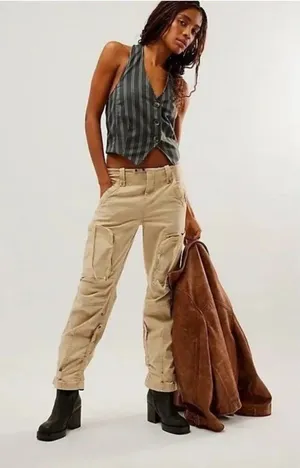 Free People Women's Can't Compare Slouch Cargo Pants Tan Size Large thumbnail 1