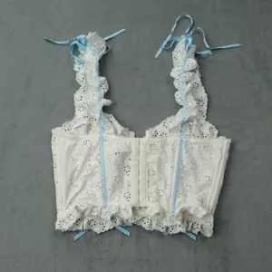 For Love & Lemons Eyelet Corset Top Size M White Blue Ribbon SKBR1513-SU21 thumbnail 2