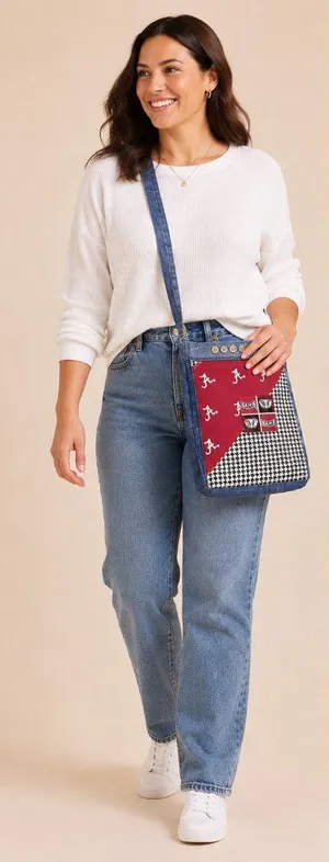 Handmade University of Alabama Denim Crossbody Purse Patchwork Crimson Tide Bag thumbnail 1