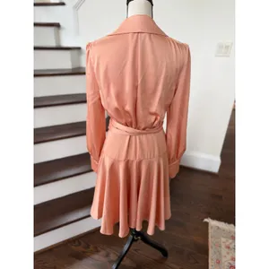 Mac Duggal Warm Pink Satin Blouson Sleeve Ruffle Midi Wrap Cocktail Party Dress thumbnail 6