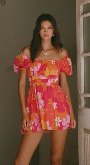SABO Australia Floral Puff‎ Sleeve Summer Mini Dress Sz 4 Pink Orange thumbnail 1