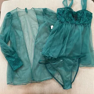 NWT 3pc Green Lingerie Set Teddy Panties Shirt Length Sheer Robe L thumbnail 1