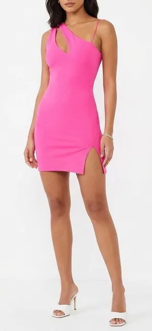 Naked Wardrobe Neon Pink Asymmetrical One Shoulder Mini Bodycon Dress Small thumbnail 1