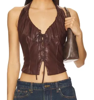 Superdown Kay Faux Leather Top in Brown, Size S thumbnail 1
