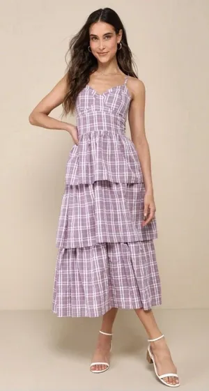 Lulus Purple Plaid Tiered Midi Dress Small Cottage Bustier Women Flair Sundress thumbnail 1