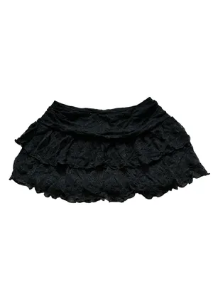 Black Lace Tiered Ruffle Mini Skirt Silver Buckle Festival Coastal Cowgirl Goth thumbnail 3
