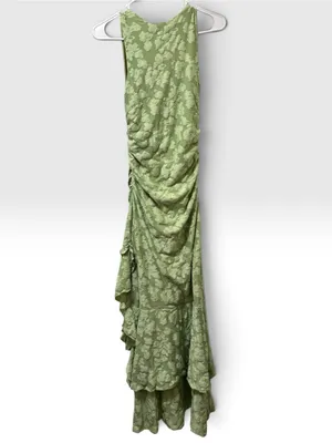 Sage Green Textured Floral Ruched Ruffle Asymmetrical Maxi Dress Size Small thumbnail 3