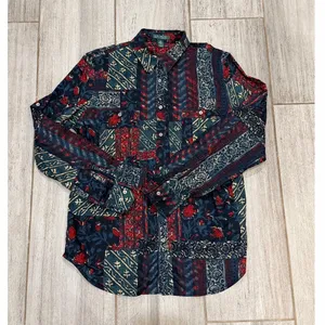 Lauren Ralph Lauren Button Up Shirt Women Navy Red Multi Patchwork Blouse Large thumbnail 7