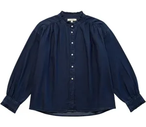 LOFT‎ Button Down Blouse Navy Blue Boho Ruffle Trim Lyocell Denim Womens XXL thumbnail 1