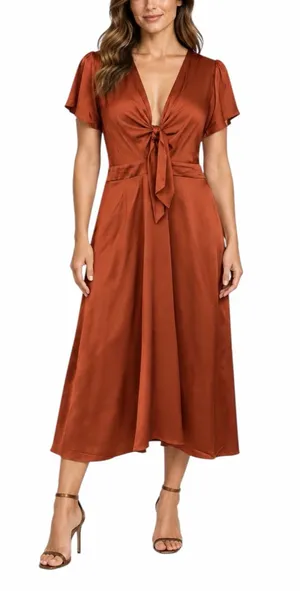 Baltic Born Poppy Satin Midi Dress Size XXL Rust Tie Front Stretch Wedding Guest thumbnail 1