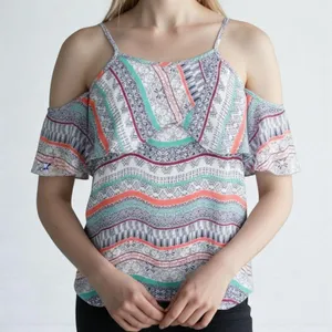 ELLA MOSS Blue Coral Cold Shoulder Boho Medallion Blouse thumbnail 1