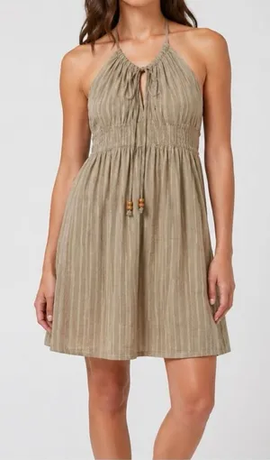 Funky People Boho Halter Dress Tan Beige Striped Cotton Size Medium thumbnail 1