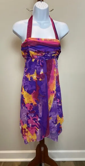 Johnny Martin Purple Yellow Chiffon Halter A‑Line Dress Resort Summer Beach thumbnail 1
