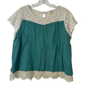 Umgee USA Teal Linen‎ Blend Lace Trim Boho Top Short Sleeve Keyhole Back Large thumbnail 1