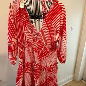 NWT Neiman Marcus Red White Abstract Stripe V-Neck Mini Dress | Size L thumbnail 10