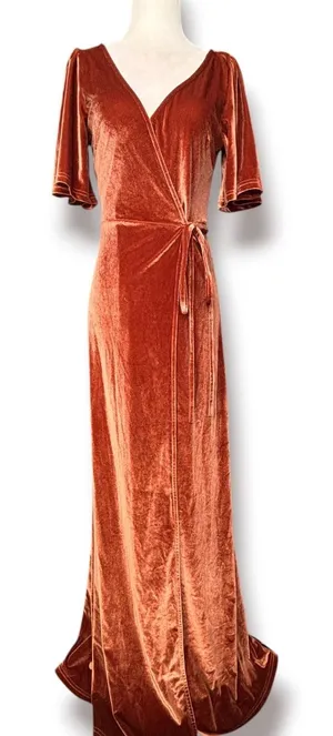 Baltic Born Katelyn Velvet Maxi Wrap Dress Cinnamon Rust XS Short Sleeve Gown thumbnail 1