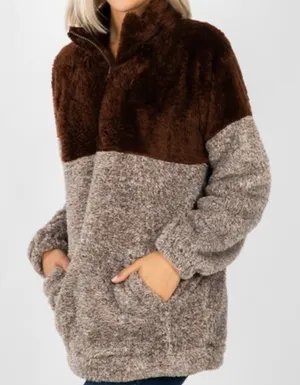 Zenana Brown Oversized Quarter Zip Sherpa Pullover Size L thumbnail 1