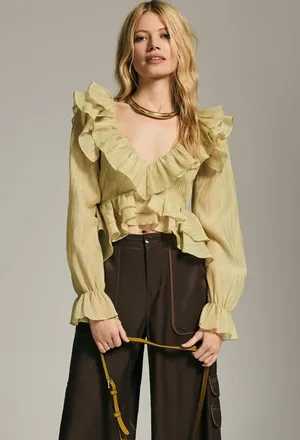 Anthropologie En Elly V Neck Ruffle Blouse thumbnail 1