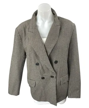 Zara Women's Black White Checkered Double Breasted Long Blazer Coat Jacket L thumbnail 1