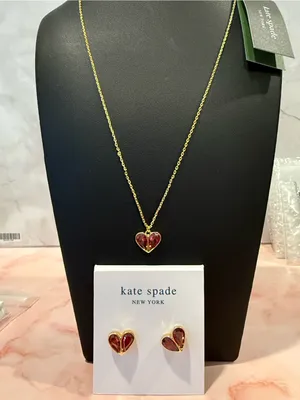 kate spade |♠️| Gold Plated Red Heart Pendant Necklace and Stud Earrings Set thumbnail 1
