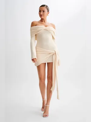 NWT‎ Meshki Camryn Off Shoulder Tie Knit Mini Dress Cream Marle Women’s Size L thumbnail 4