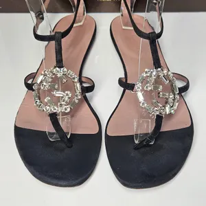 Gucci Black Suede Crystal Interlocking G T-Strap Flat Sandals Glam Size 37.5 thumbnail 7