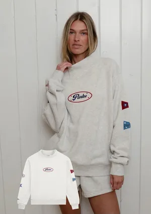 Parker Cream Mockneck Crewneck Sweatshirt with Red & Blue Logo Accents thumbnail 1